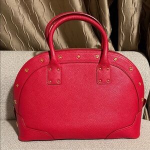 MCM Red Dome Satchel with Gold Accents